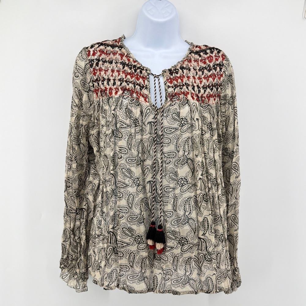 Sundance Catalog Cream Black Paisley Smocked Embroidered Tassel Peasant Top M